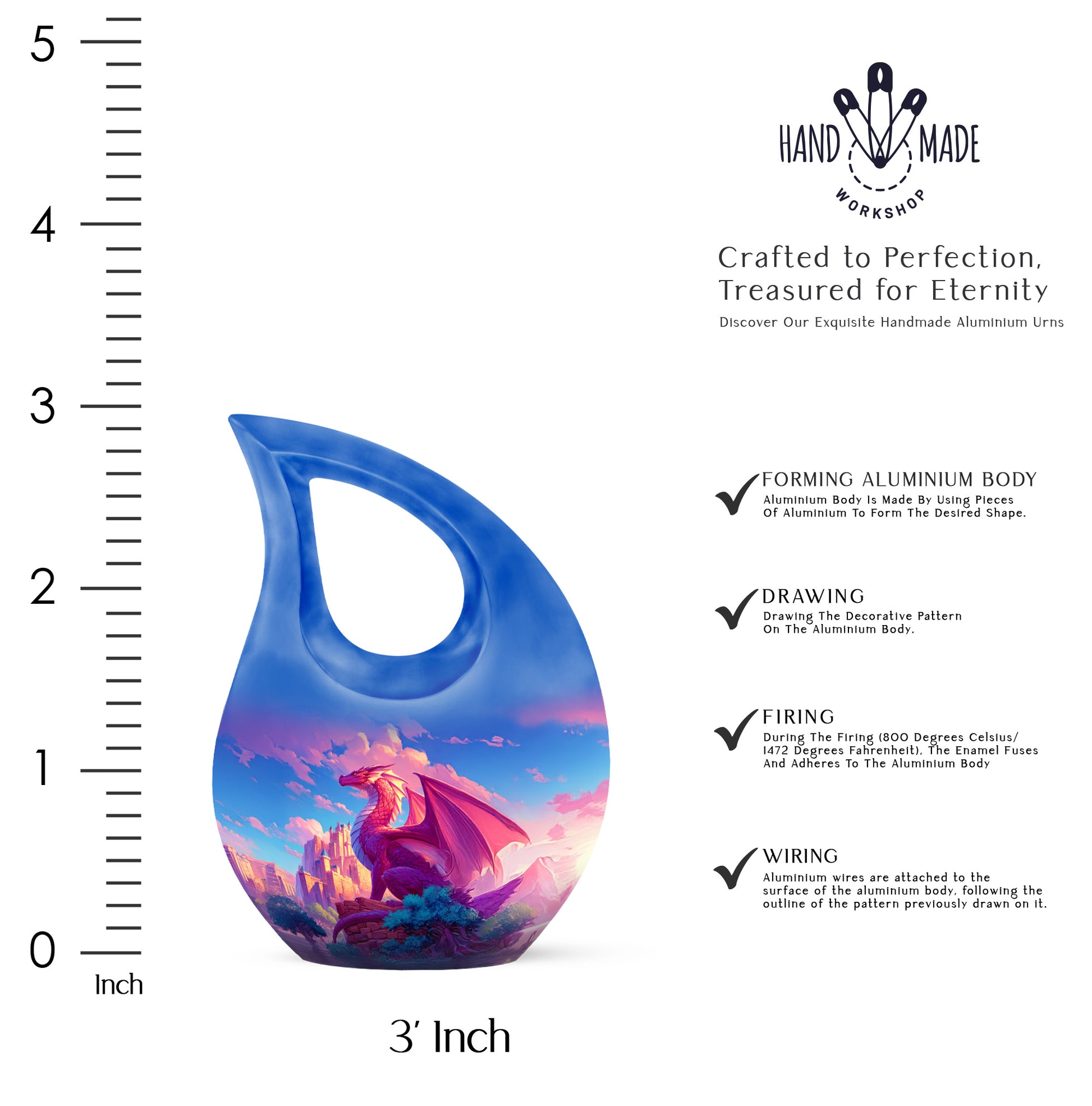 Vivid Blue Dragon Cremation Urn back view with polished surface - devotional cross-drop dragon engraving - mini keepsake memorial for portion of cremation ashes