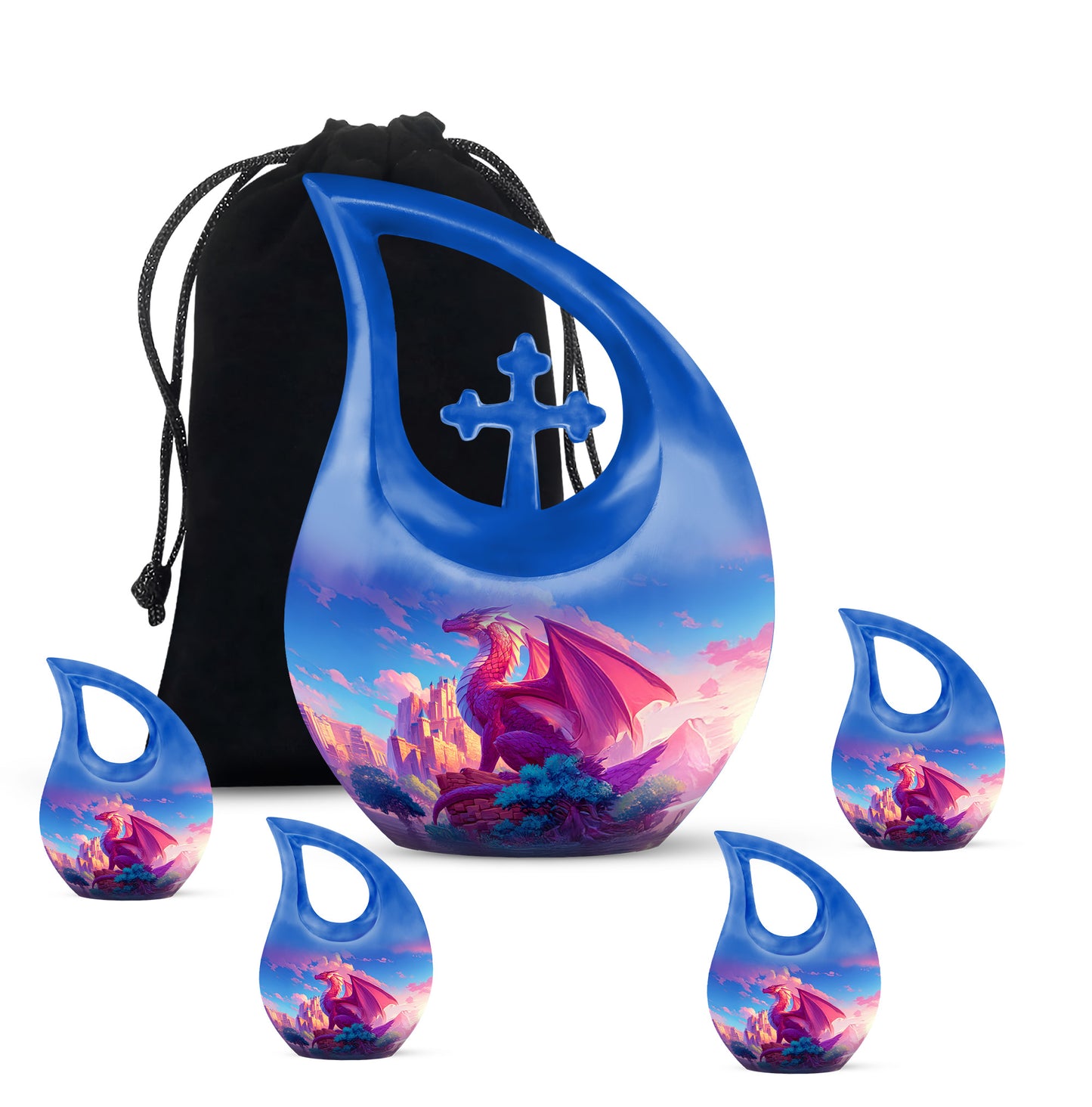 Vivid Blue Dragon Cremation Urn urn with complimentary velvet bag - devotional cross-drop dragon engraving - memorial set with one large and four small urns