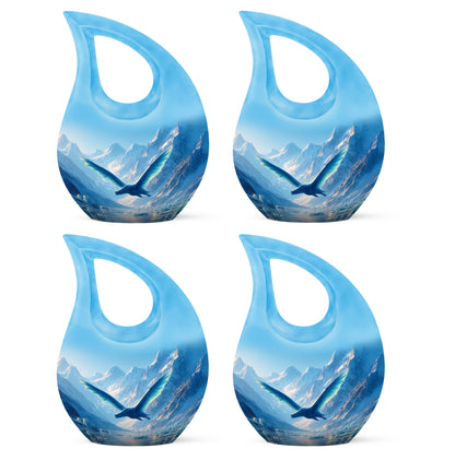 Slate Blue Dragon Cremation Urn lifestyle display on memorial shelf - cross and dragon combined in spiritual memorial design - 10 inch aluminum urn for cremated remains