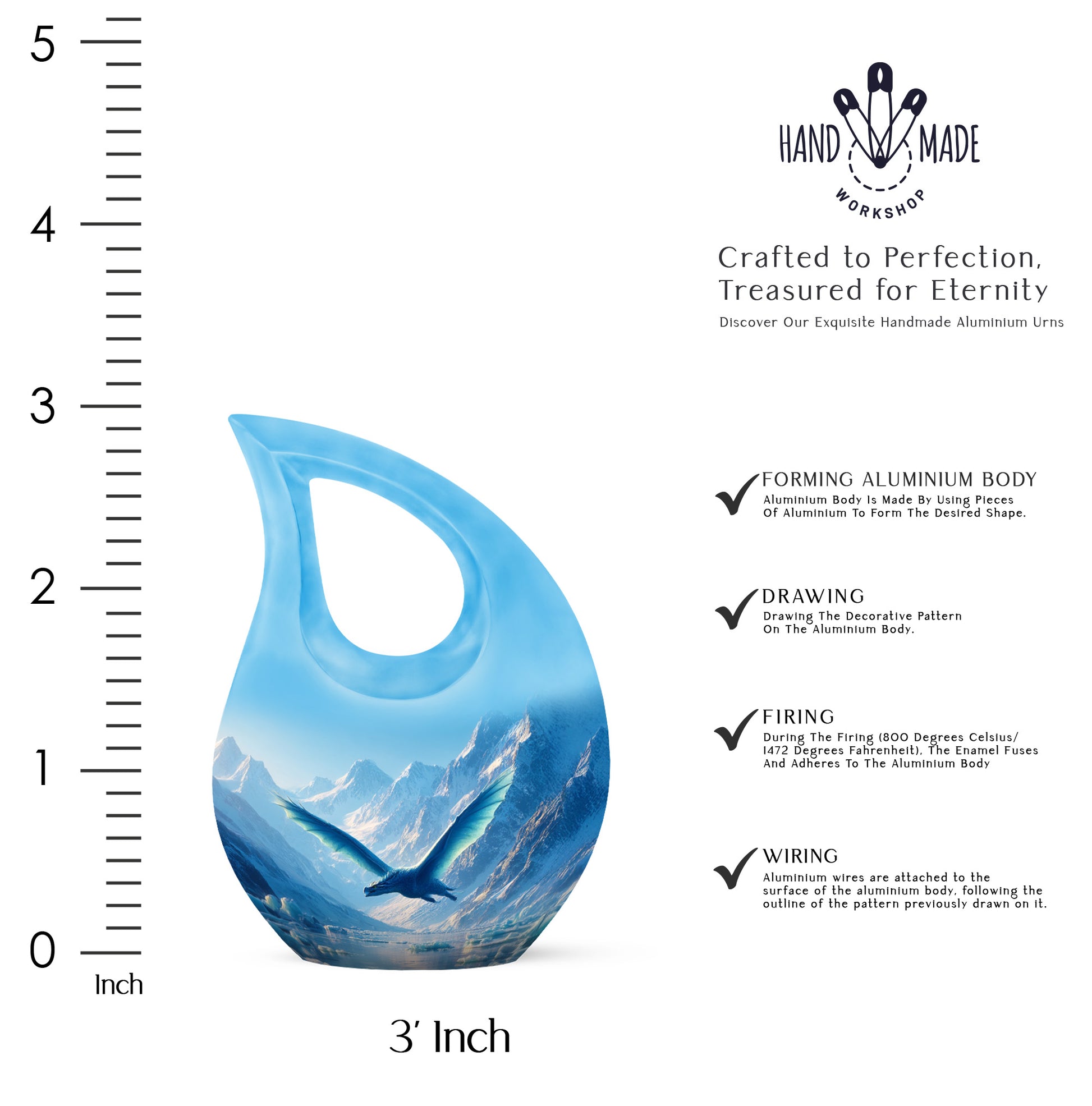 Icy Blue Dragon Cremation Urn back view with polished surface - cross and dragon combined in spiritual memorial design - mini keepsake memorial for portion of cremation ashes
