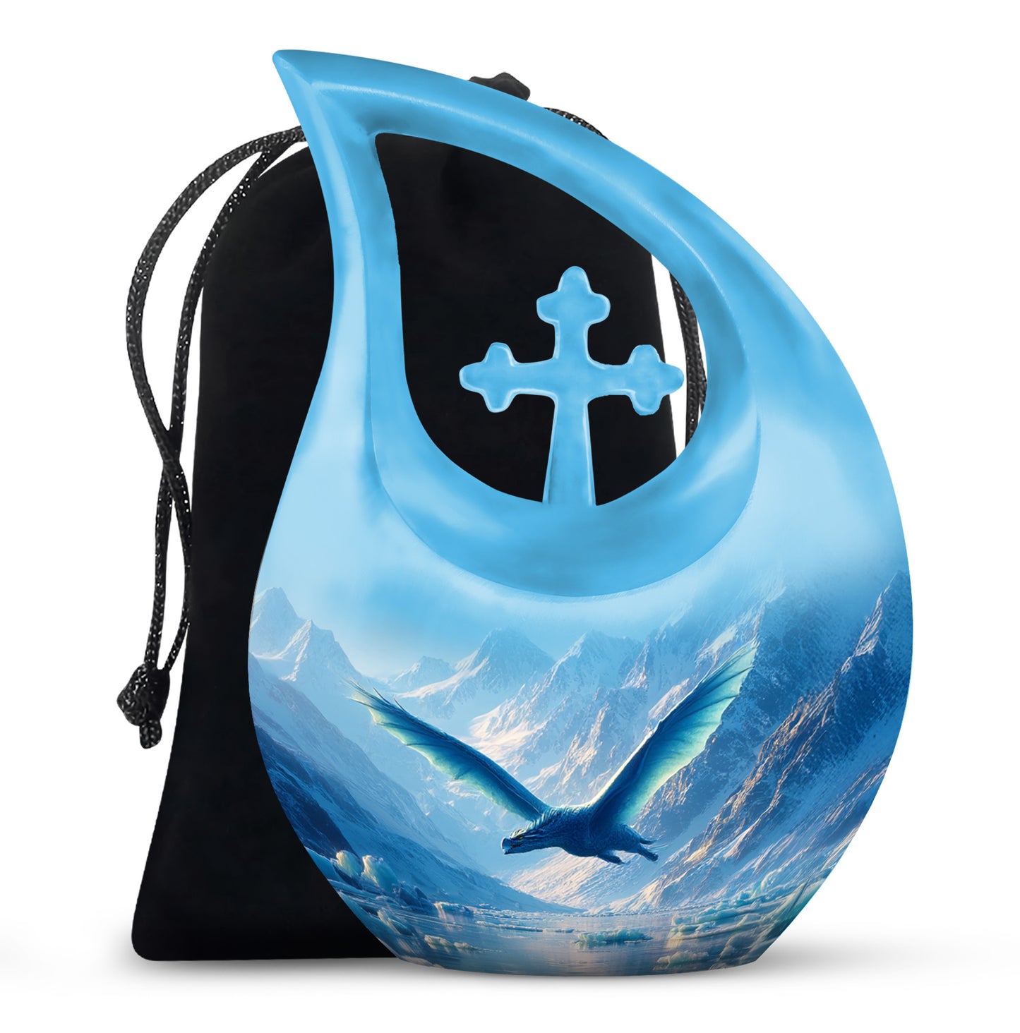 Powder Blue Dragon Cremation Urn top-down view of secure threaded lid - sacred cross merged with dragon motif on metal - full-size 10 inch 200 cubic inch adult cremation urn
