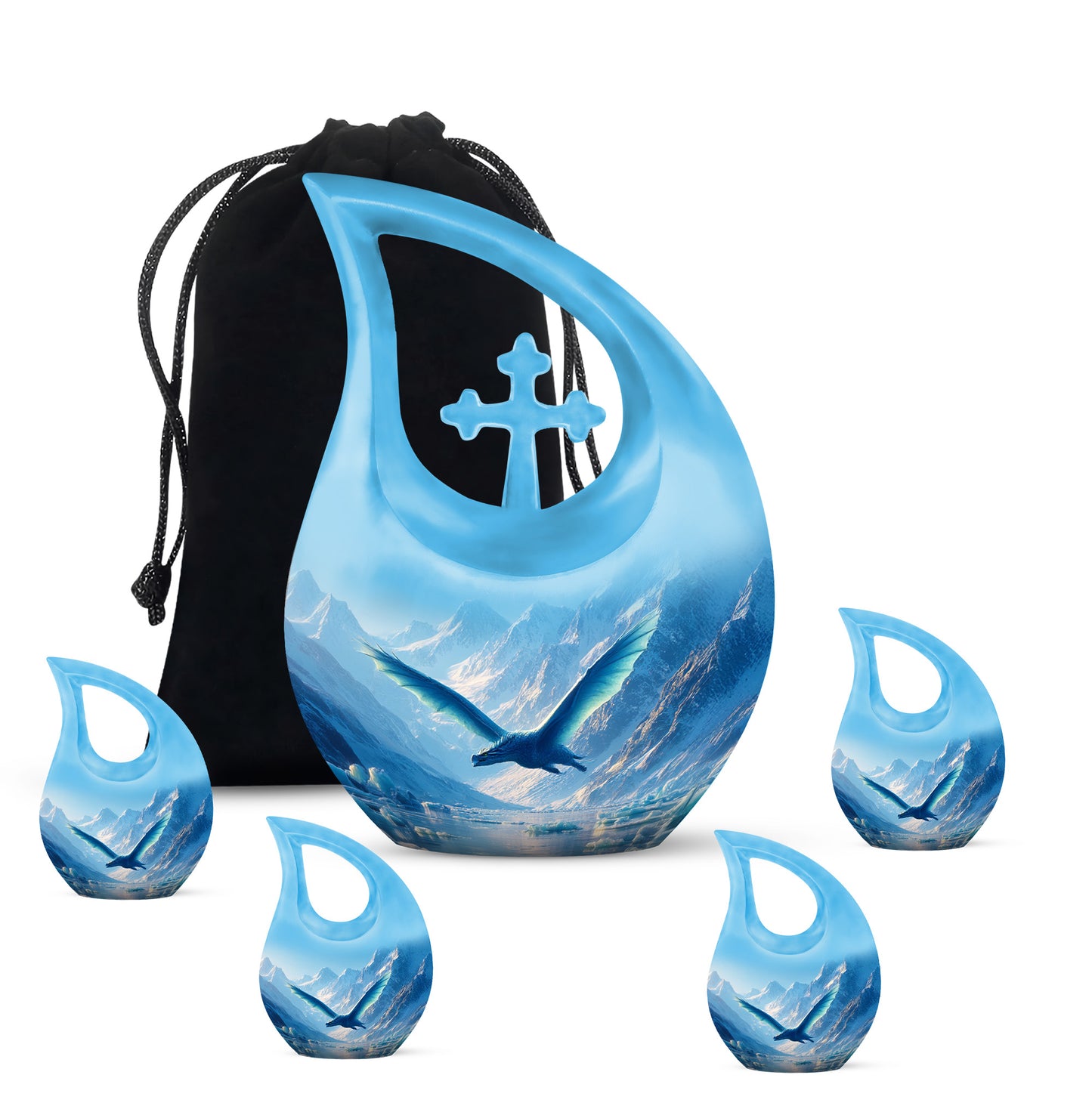 Bright Blue Dragon Cremation Urn urn with complimentary velvet bag - faith-inspired cross-drop urn with dragon pattern - memorial set with one large and four small urns