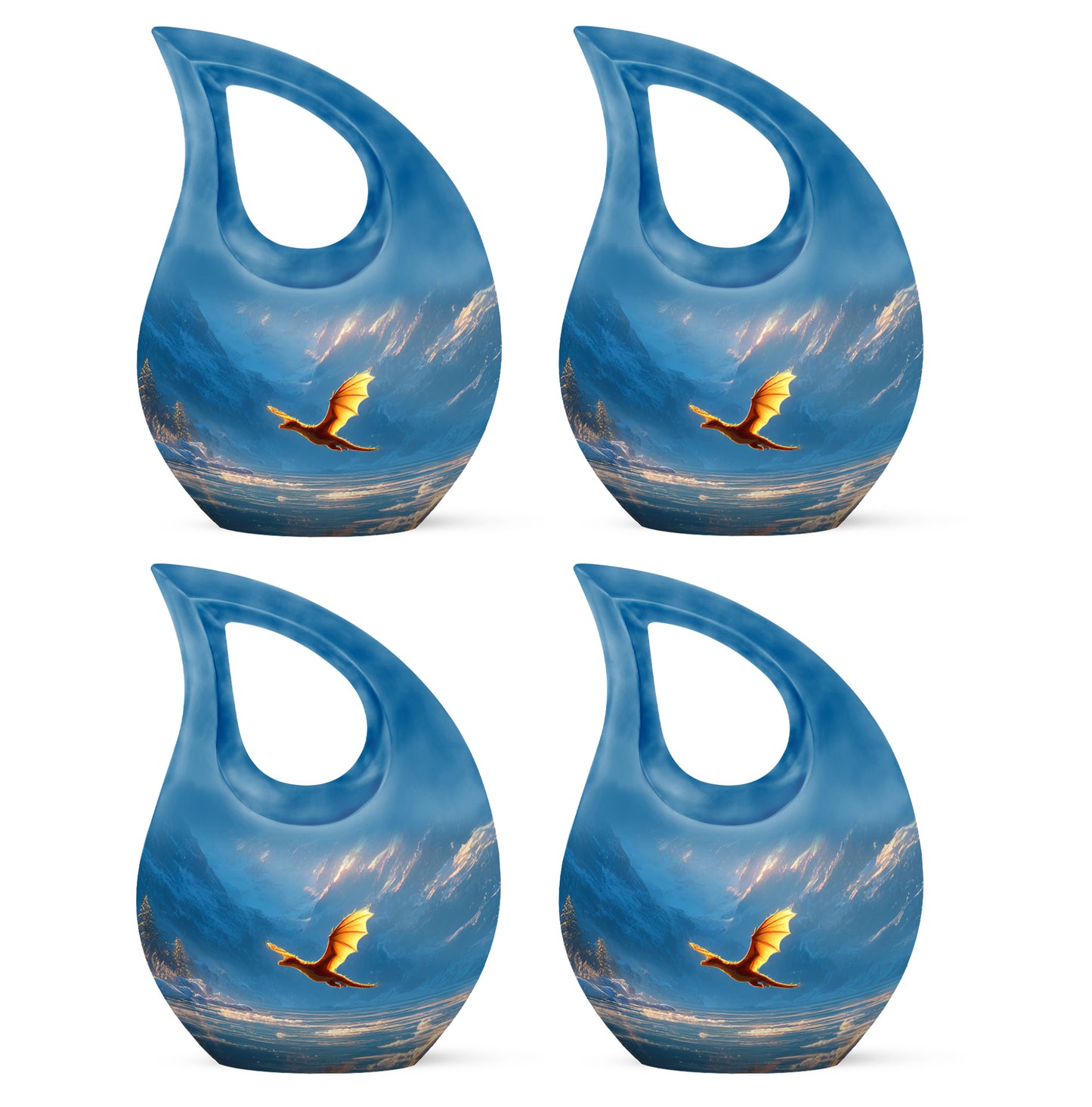 Celestial Blue Dragon Cremation Urn lifestyle display on memorial shelf - cross and dragon combined in spiritual memorial design - 10 inch aluminum urn for cremated remains