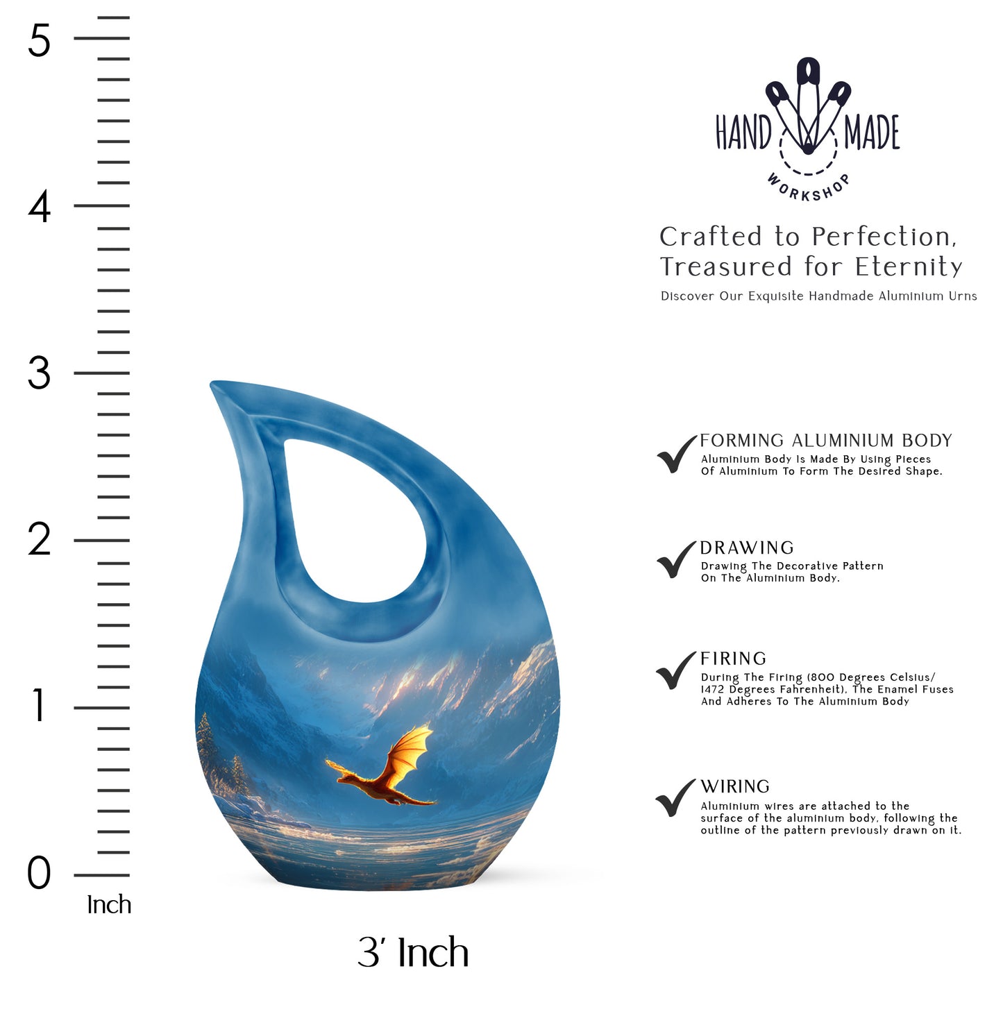 Sapphire Blue Dragon Cremation Urn back view with polished surface - devotional cross-drop dragon engraving - mini keepsake memorial for portion of cremation ashes