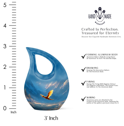 Sapphire Blue Dragon Cremation Urn back view with polished surface - devotional cross-drop dragon engraving - mini keepsake memorial for portion of cremation ashes