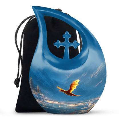 Steel Blue Dragon Cremation Urn top-down view of secure threaded lid - devotional cross-drop dragon engraving - full-size 10 inch 200 cubic inch adult cremation urn