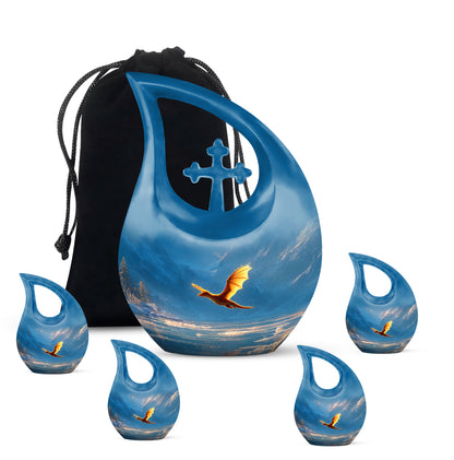 Calming Blue Dragon Cremation Urn urn with complimentary velvet bag - devotional cross-drop dragon engraving - memorial set with one large and four small urns