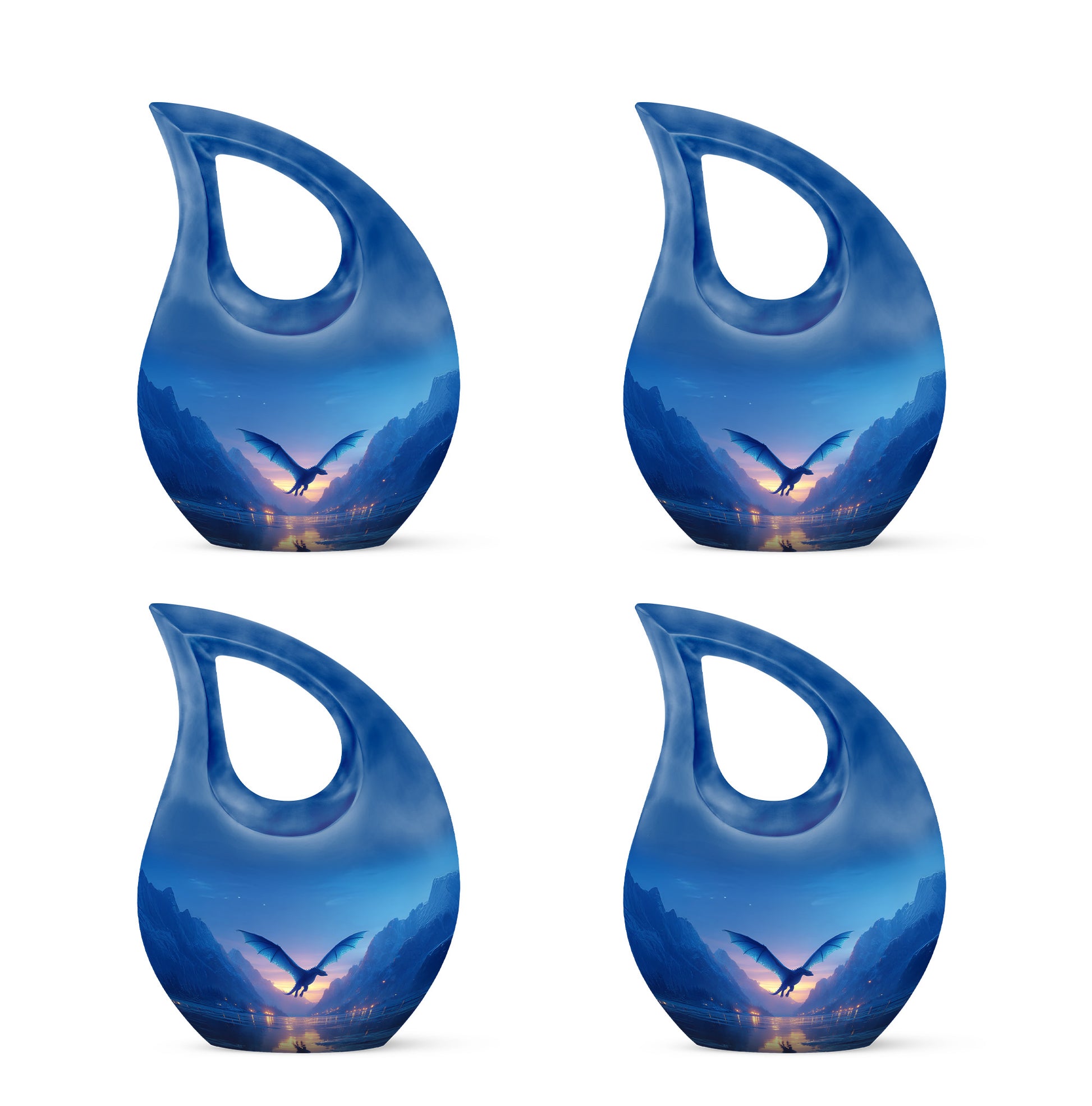 Cornflower Blue Dragon Cremation Urn lifestyle display on memorial shelf - faith-inspired cross-drop urn with dragon pattern - 10 inch aluminum urn for cremated remains