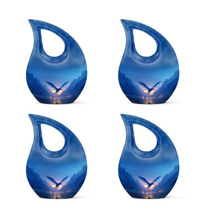 Cornflower Blue Dragon Cremation Urn lifestyle display on memorial shelf - faith-inspired cross-drop urn with dragon pattern - 10 inch aluminum urn for cremated remains
