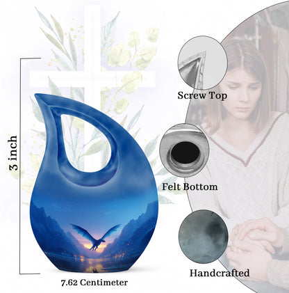 Icy Blue Dragon Cremation Urn back view with polished surface - sacred cross merged with dragon motif on metal - mini keepsake memorial for portion of cremation ashes