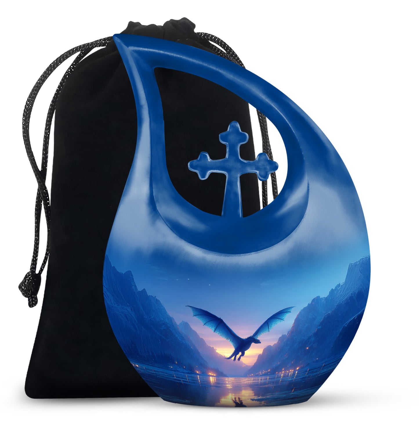Steel Blue Dragon Cremation Urn top-down view of secure threaded lid - faith-inspired cross-drop urn with dragon pattern - full-size 10 inch 200 cubic inch adult cremation urn