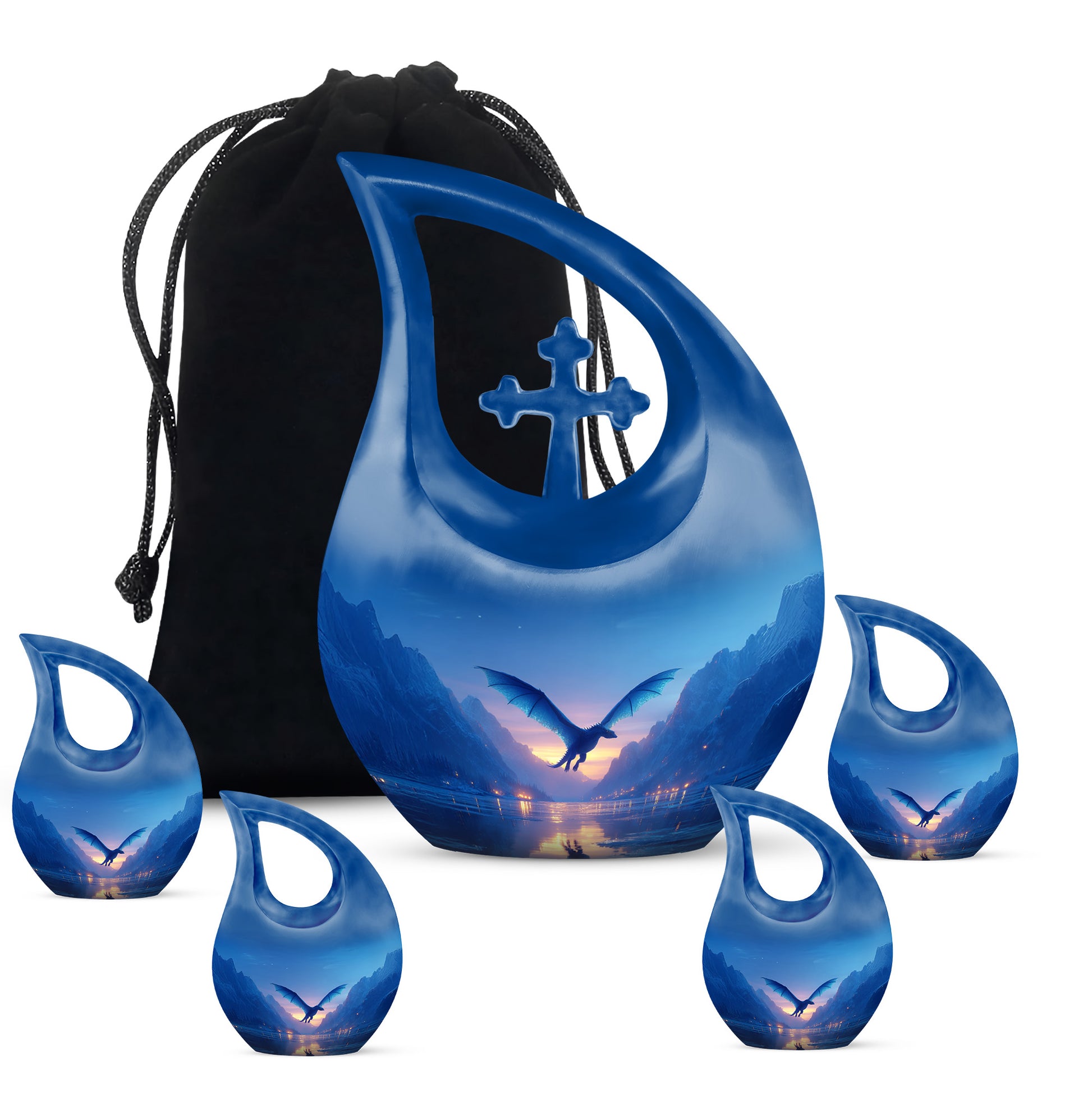 Royal Blue Dragon Cremation Urn urn with complimentary velvet bag - devotional cross-drop dragon engraving - memorial set with one large and four small urns