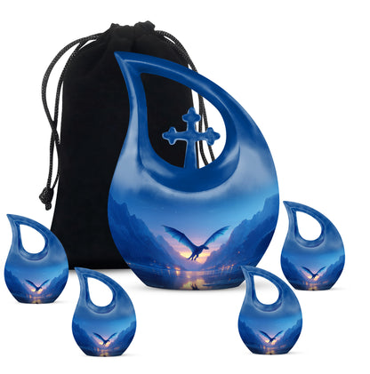 Royal Blue Dragon Cremation Urn urn with complimentary velvet bag - devotional cross-drop dragon engraving - memorial set with one large and four small urns