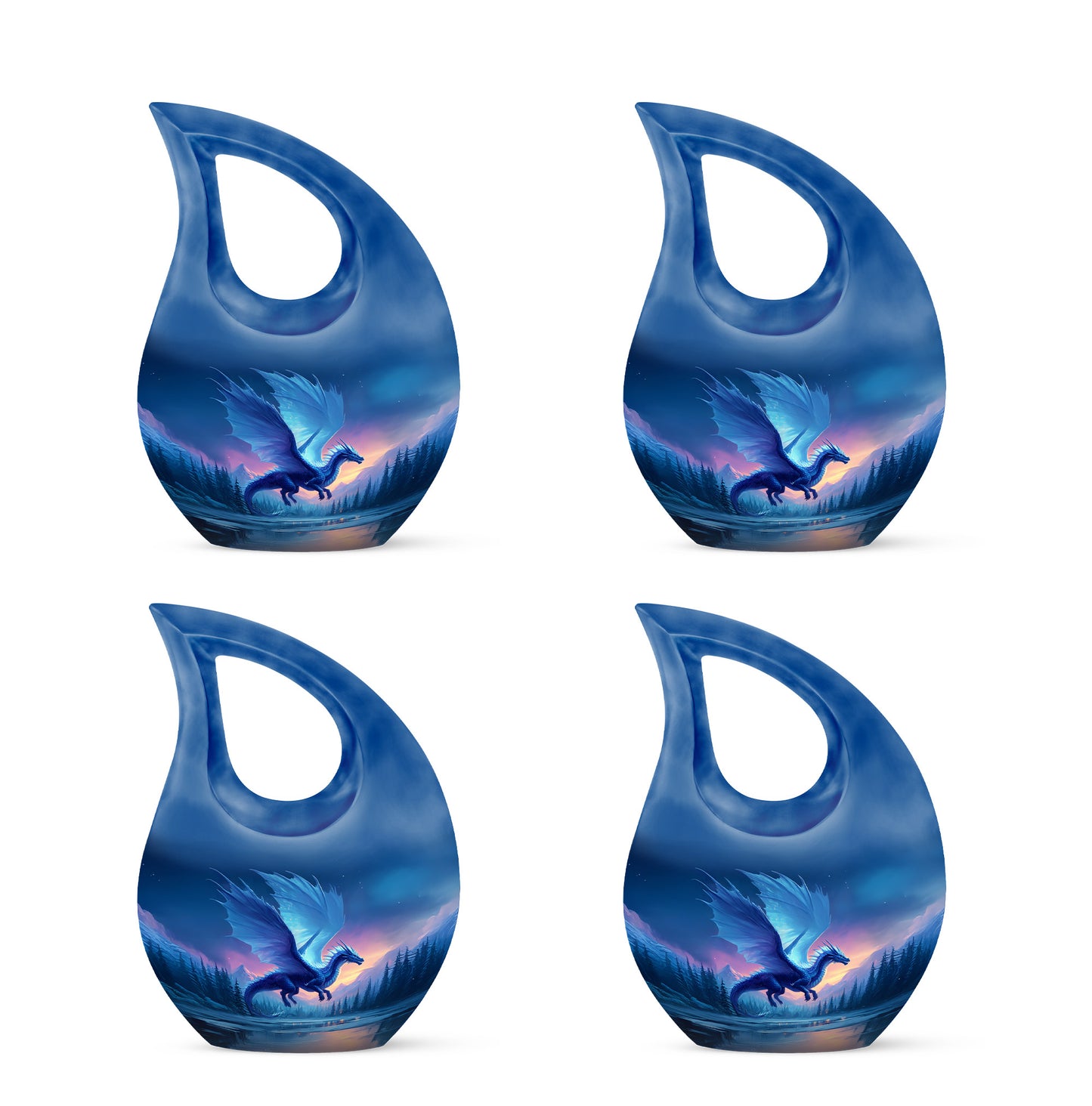 Sapphire Blue Dragon Cremation Urn lifestyle display on memorial shelf - faith-inspired cross-drop urn with dragon pattern - 10 inch aluminum urn for cremated remains