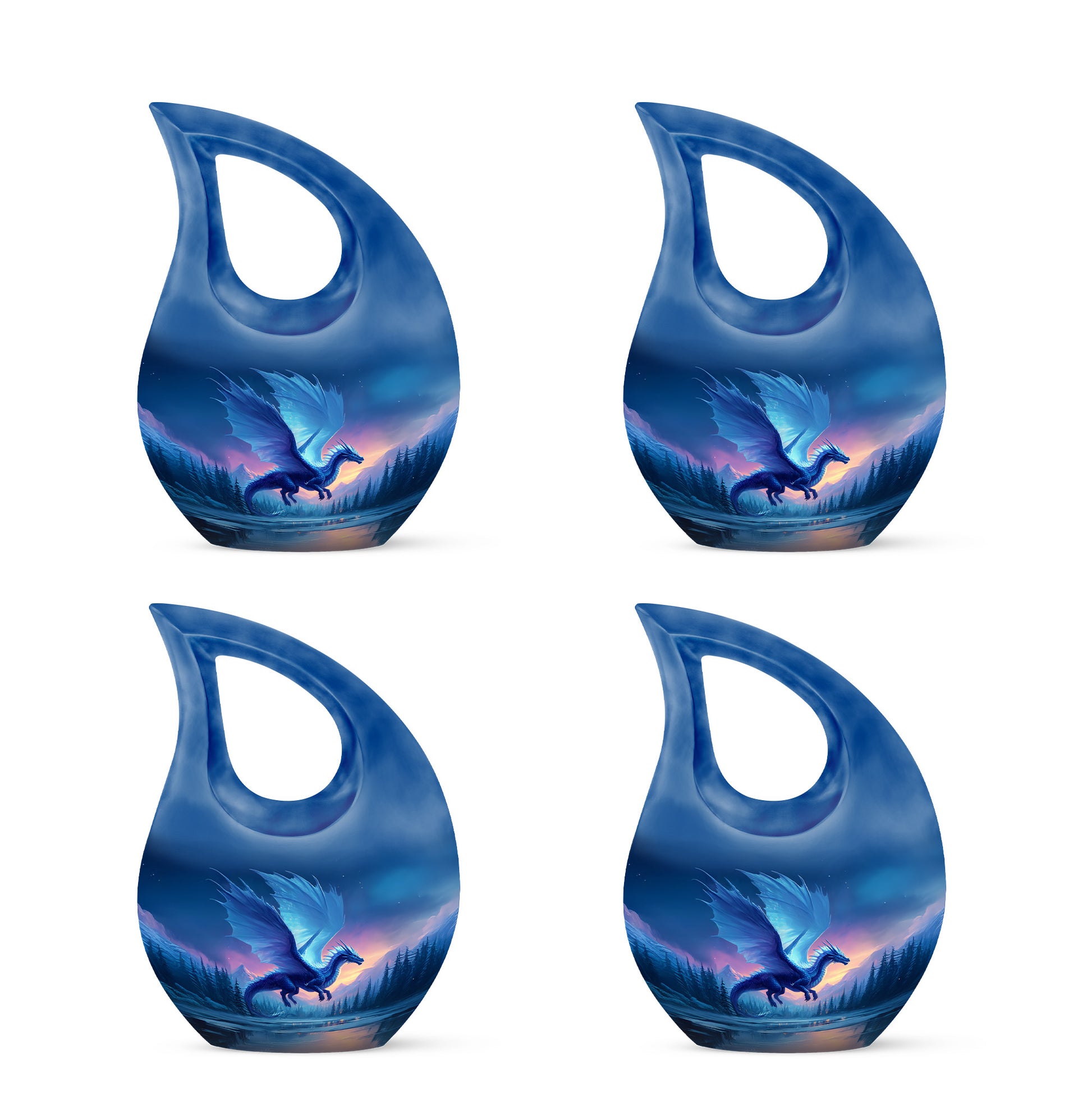 Sapphire Blue Dragon Cremation Urn lifestyle display on memorial shelf - faith-inspired cross-drop urn with dragon pattern - 10 inch aluminum urn for cremated remains