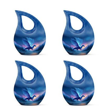 Sapphire Blue Dragon Cremation Urn lifestyle display on memorial shelf - faith-inspired cross-drop urn with dragon pattern - 10 inch aluminum urn for cremated remains