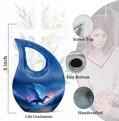 Steel Blue Dragon Cremation Urn back view with polished surface - devotional cross-drop dragon engraving - mini keepsake memorial for portion of cremation ashes