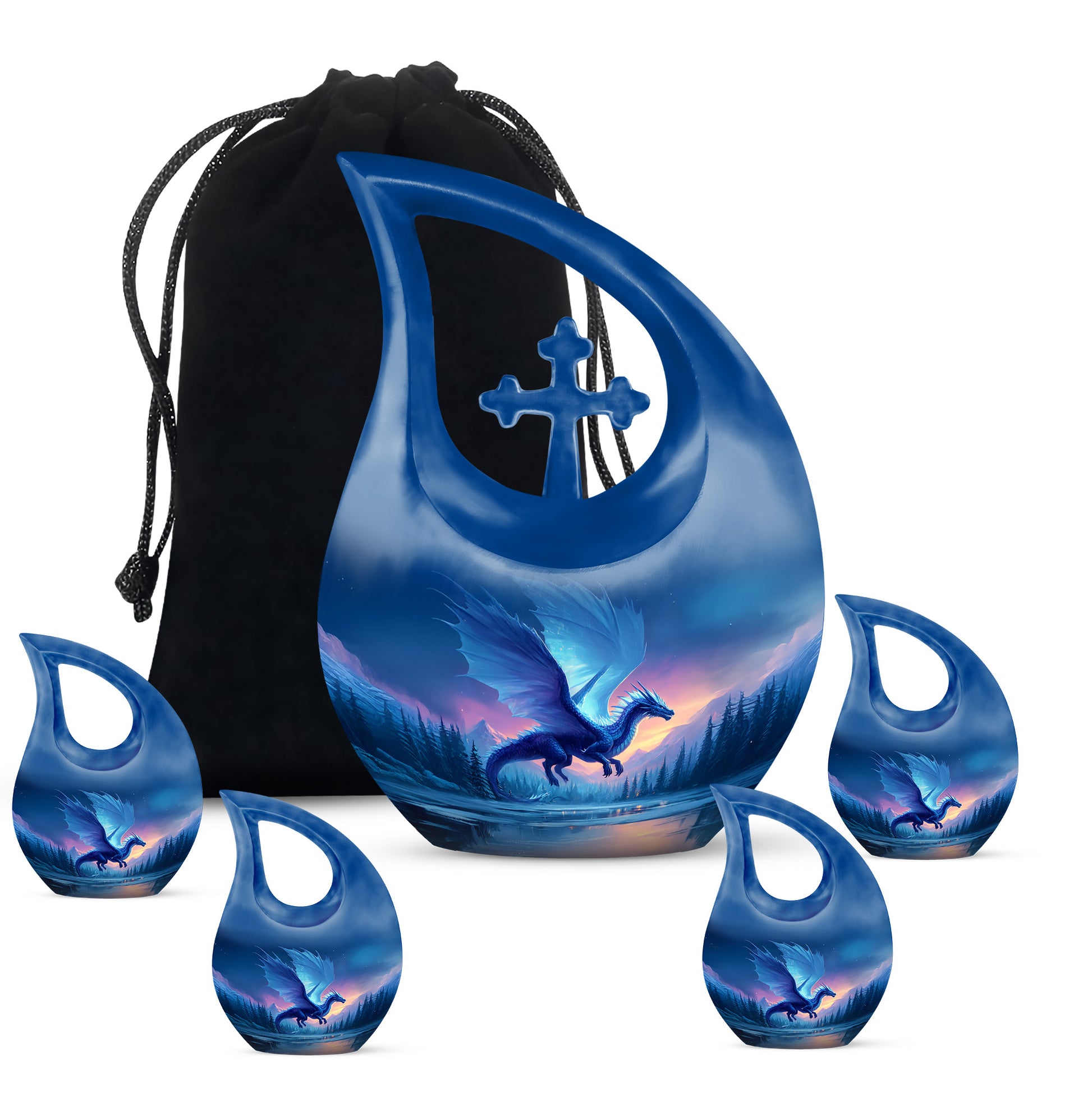 Vivid Blue Dragon Cremation Urn urn with complimentary velvet bag - devotional cross-drop dragon engraving - memorial set with one large and four small urns