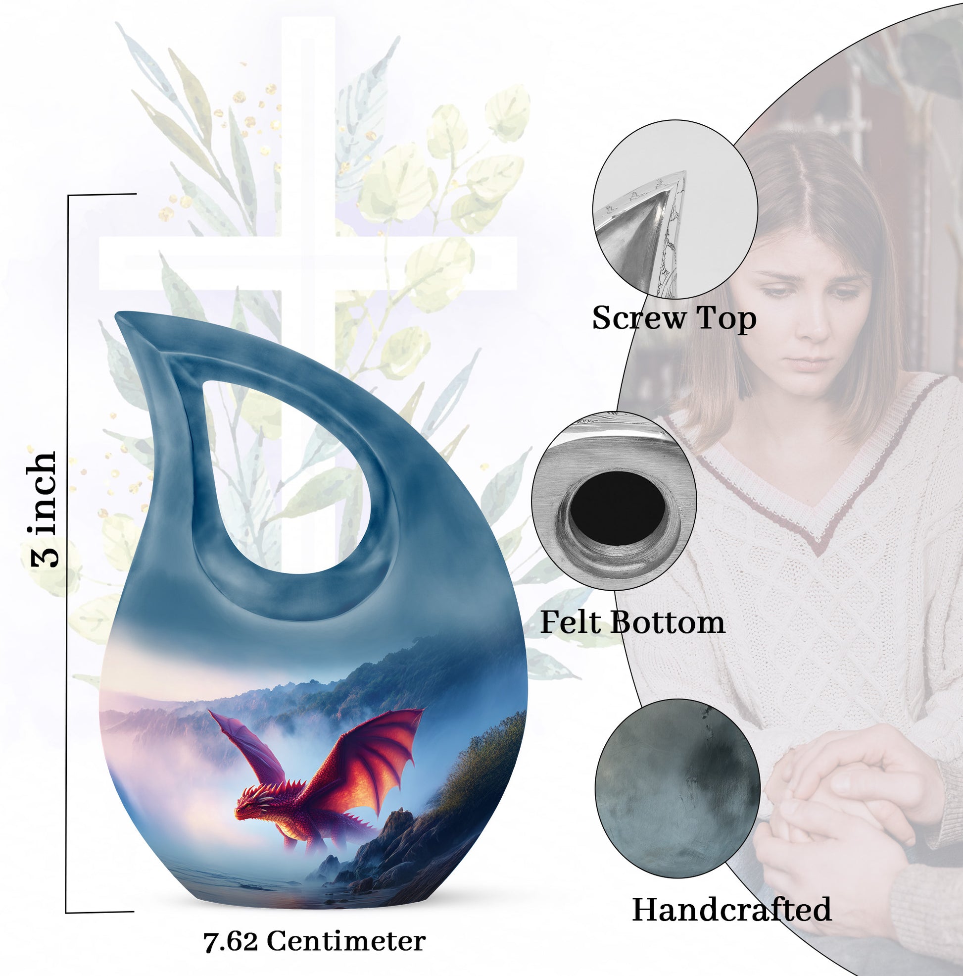 Calming Blue Dragon Cremation Urn back view with polished surface - faith-inspired cross-drop urn with dragon pattern - mini keepsake memorial for portion of cremation ashes
