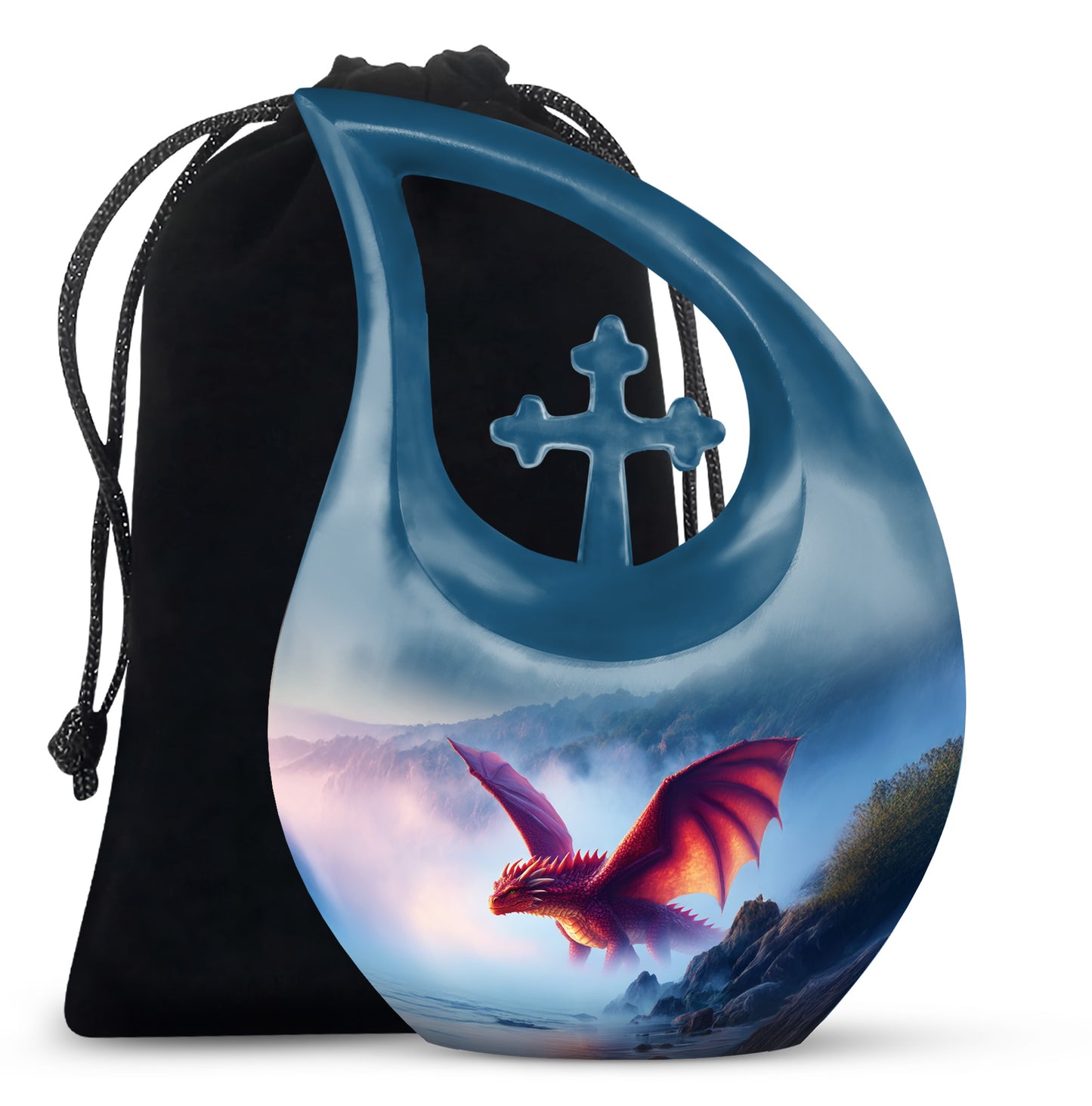 Twilight Blue Dragon Cremation Urn top-down view of secure threaded lid - devotional cross-drop dragon engraving - full-size 10 inch 200 cubic inch adult cremation urn