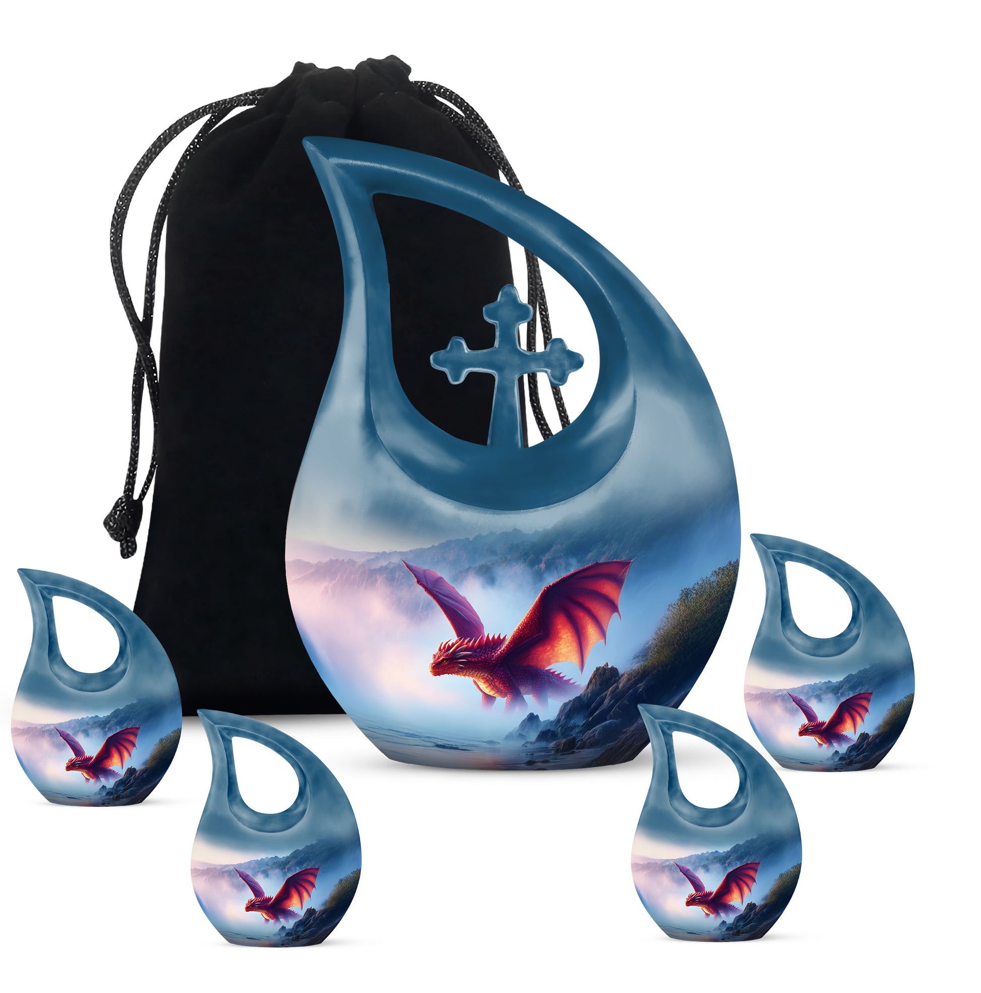 Sky Blue Dragon Cremation Urn urn with complimentary velvet bag - sacred cross merged with dragon motif on metal - memorial set with one large and four small urns