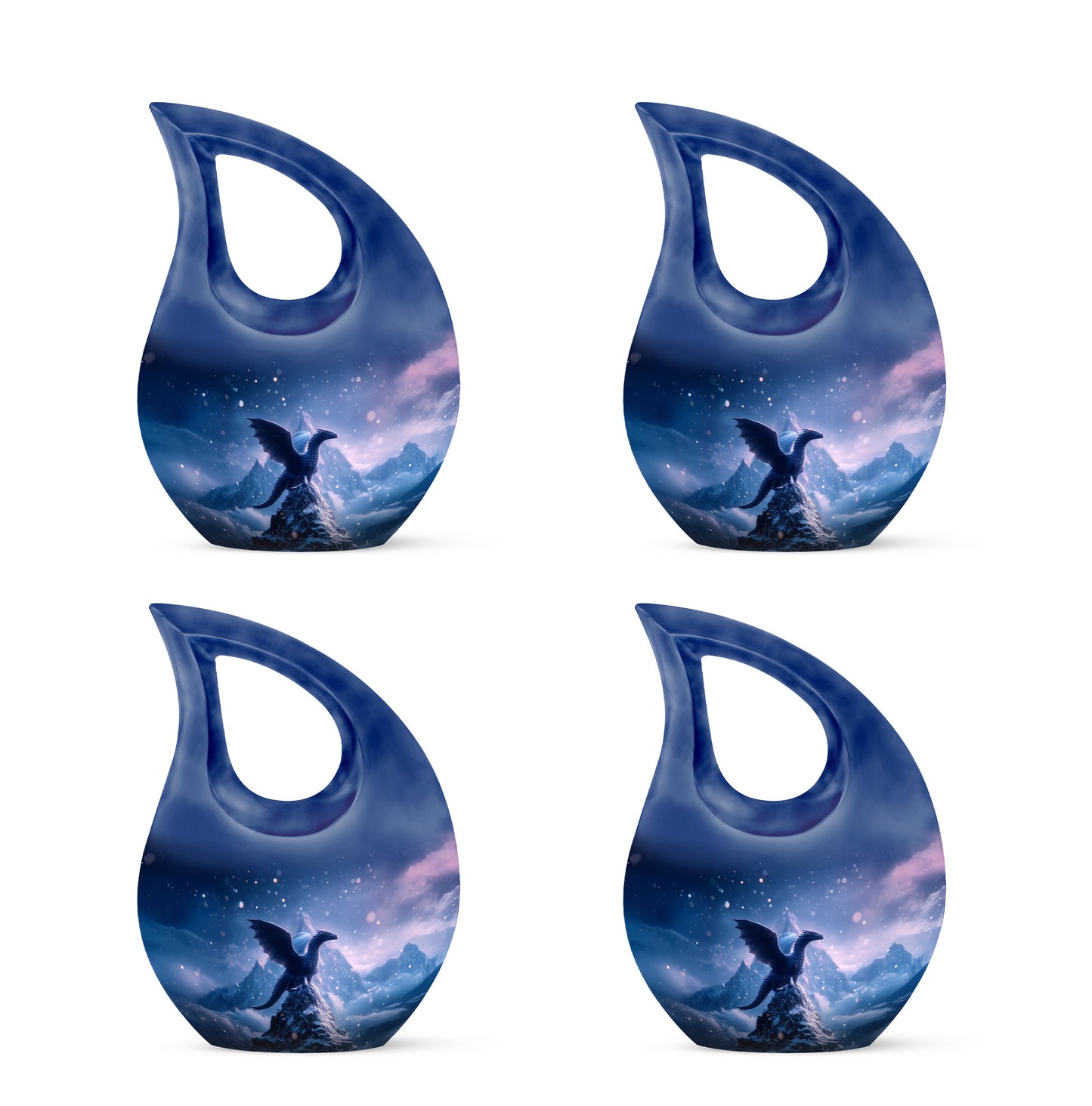 Slate Blue Dragon Cremation Urn lifestyle display on memorial shelf - sacred cross merged with dragon motif on metal - 10 inch aluminum urn for cremated remains