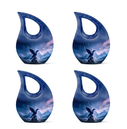 Slate Blue Dragon Cremation Urn lifestyle display on memorial shelf - sacred cross merged with dragon motif on metal - 10 inch aluminum urn for cremated remains