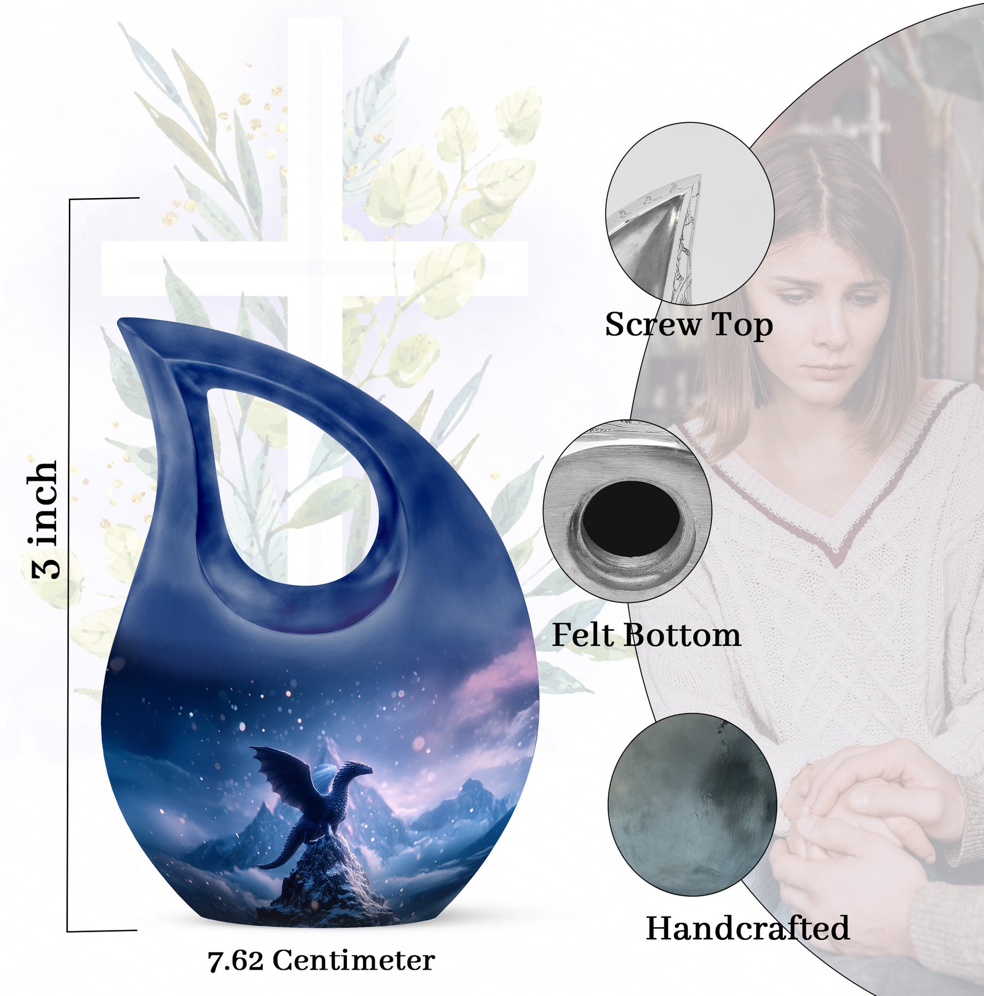 Bright Blue Dragon Cremation Urn back view with polished surface - devotional cross-drop dragon engraving - mini keepsake memorial for portion of cremation ashes