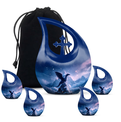 Misty Blue Dragon Cremation Urn urn with complimentary velvet bag - cross and dragon combined in spiritual memorial design - memorial set with one large and four small urns
