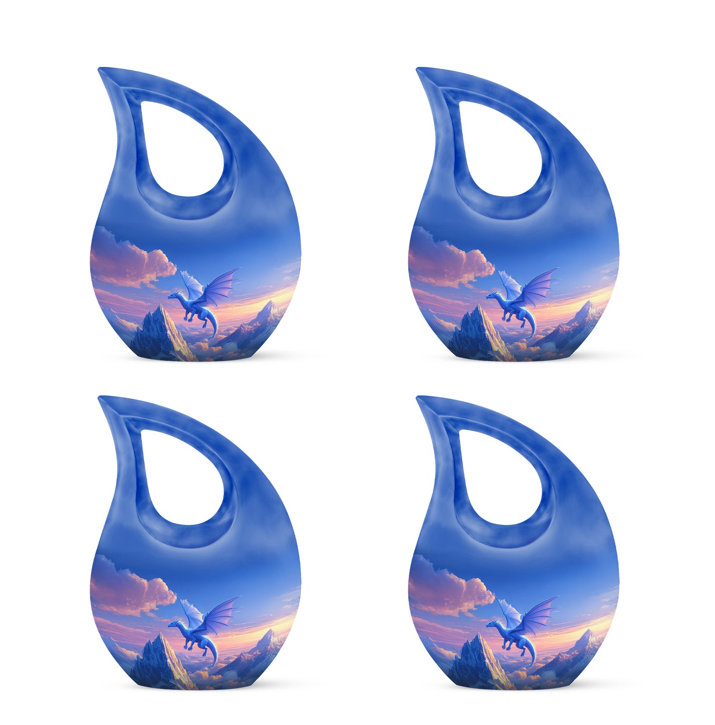 Cobalt Blue Dragon Cremation Urn lifestyle display on memorial shelf - devotional cross-drop dragon engraving - 10 inch aluminum urn for cremated remains