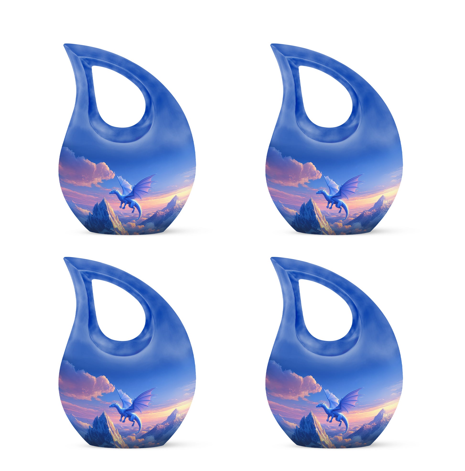 Cobalt Blue Dragon Cremation Urn lifestyle display on memorial shelf - devotional cross-drop dragon engraving - 10 inch aluminum urn for cremated remains