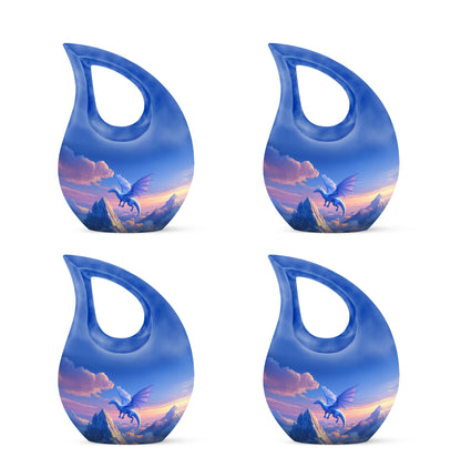 Cobalt Blue Dragon Cremation Urn lifestyle display on memorial shelf - devotional cross-drop dragon engraving - 10 inch aluminum urn for cremated remains