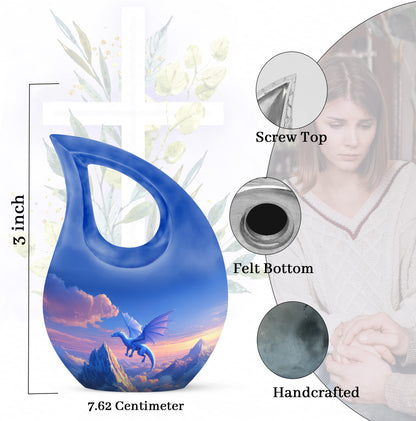 Celestial Blue Dragon Cremation Urn back view with polished surface - sacred cross merged with dragon motif on metal - mini keepsake memorial for portion of cremation ashes