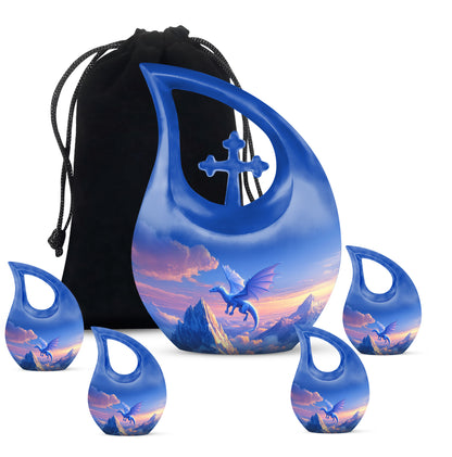 Twilight Blue Dragon Cremation Urn urn with complimentary velvet bag - devotional cross-drop dragon engraving - memorial set with one large and four small urns