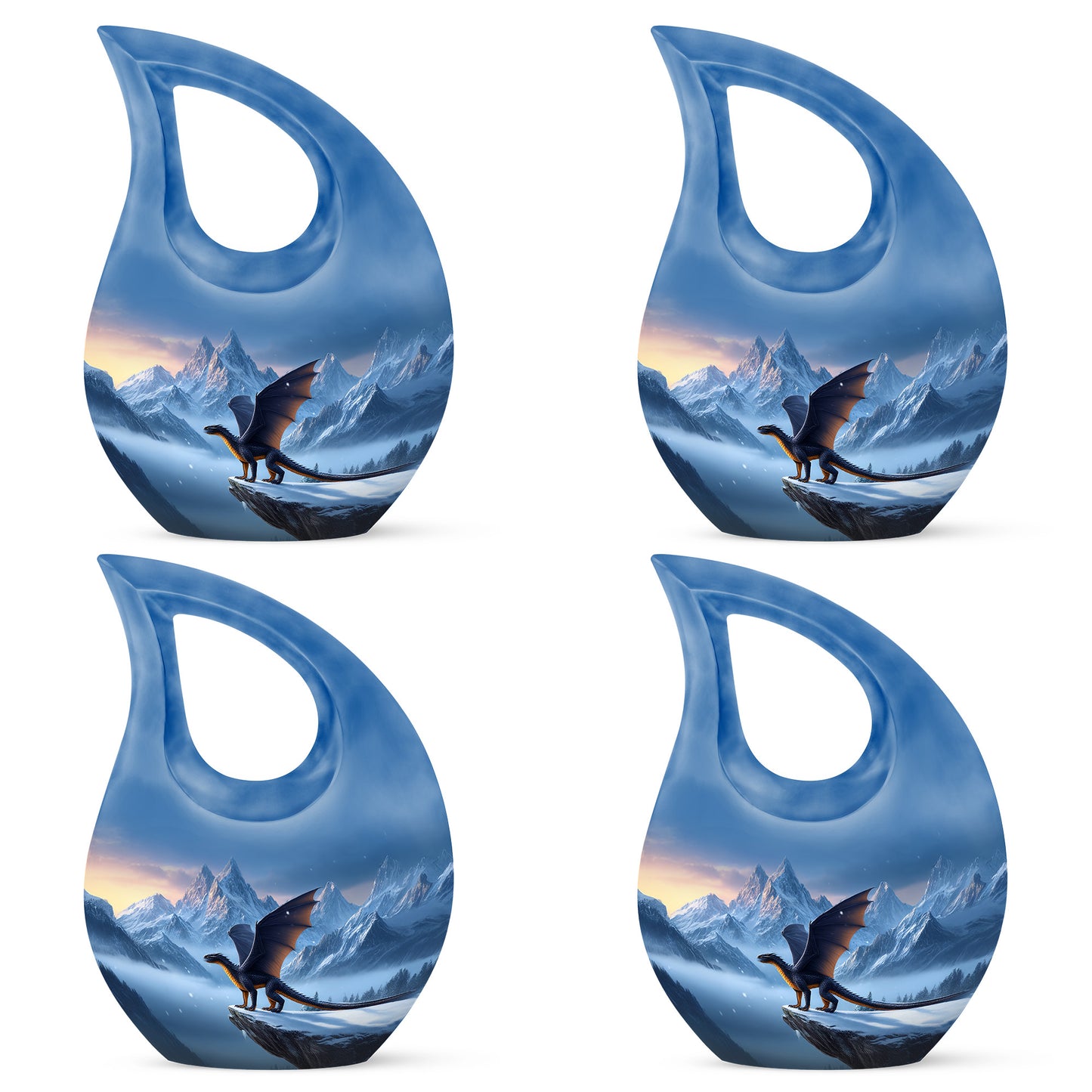 Royal Blue Dragon Cremation Urn lifestyle display on memorial shelf - faith-inspired cross-drop urn with dragon pattern - 10 inch aluminum urn for cremated remains