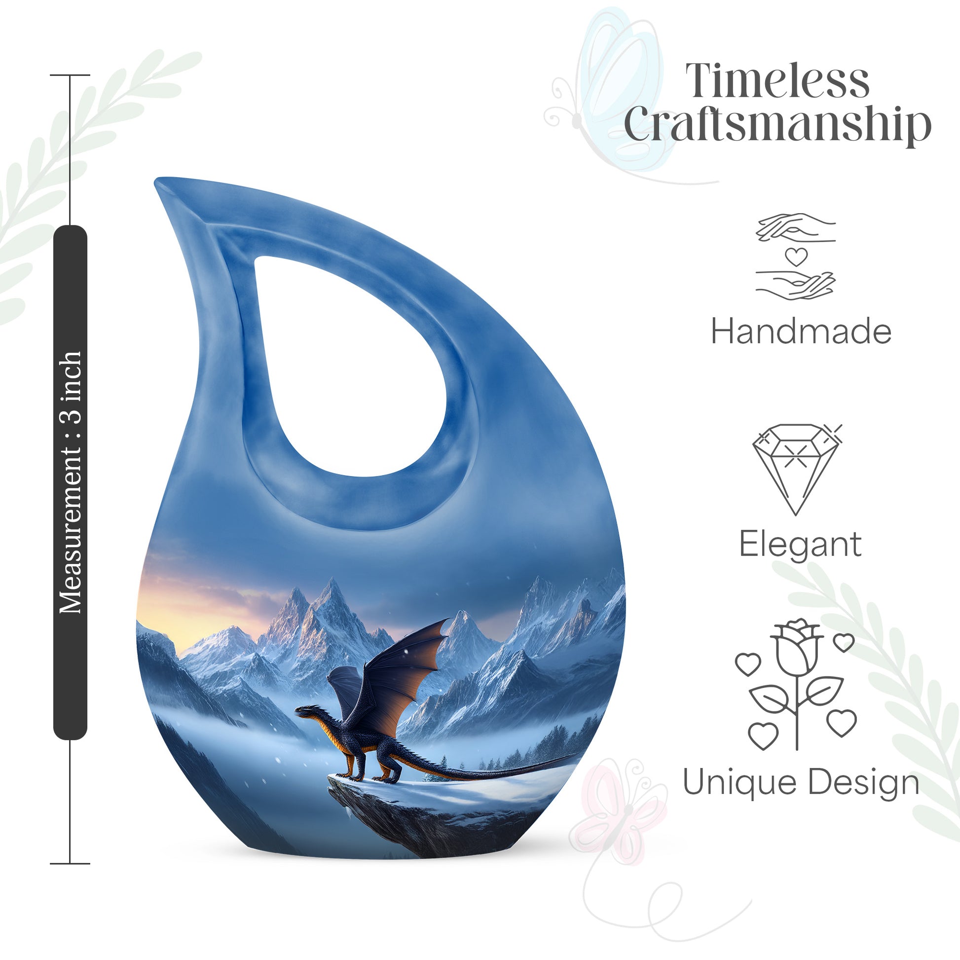 Soft Blue Dragon Cremation Urn back view with polished surface - devotional cross-drop dragon engraving - mini keepsake memorial for portion of cremation ashes