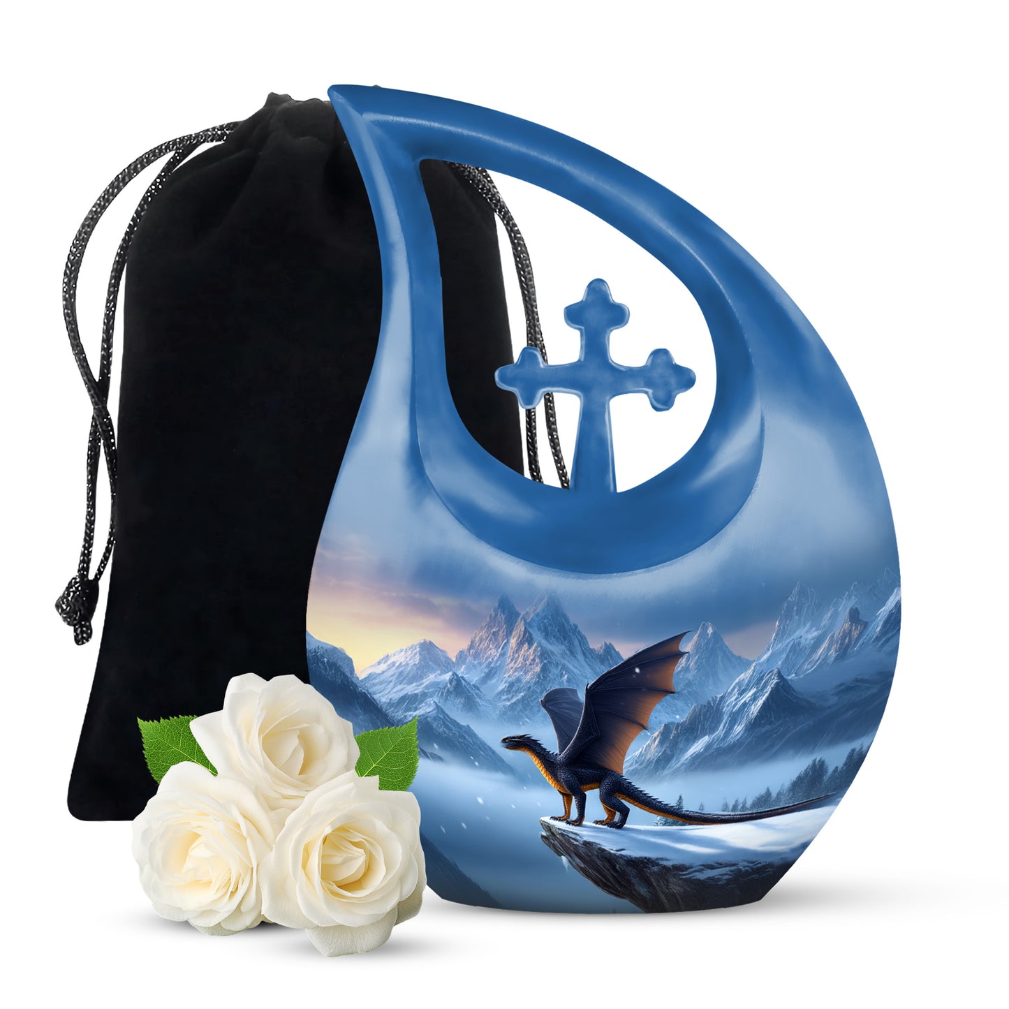Sapphire Blue Dragon Cremation Urn top-down view of secure threaded lid - devotional cross-drop dragon engraving - full-size 10 inch 200 cubic inch adult cremation urn