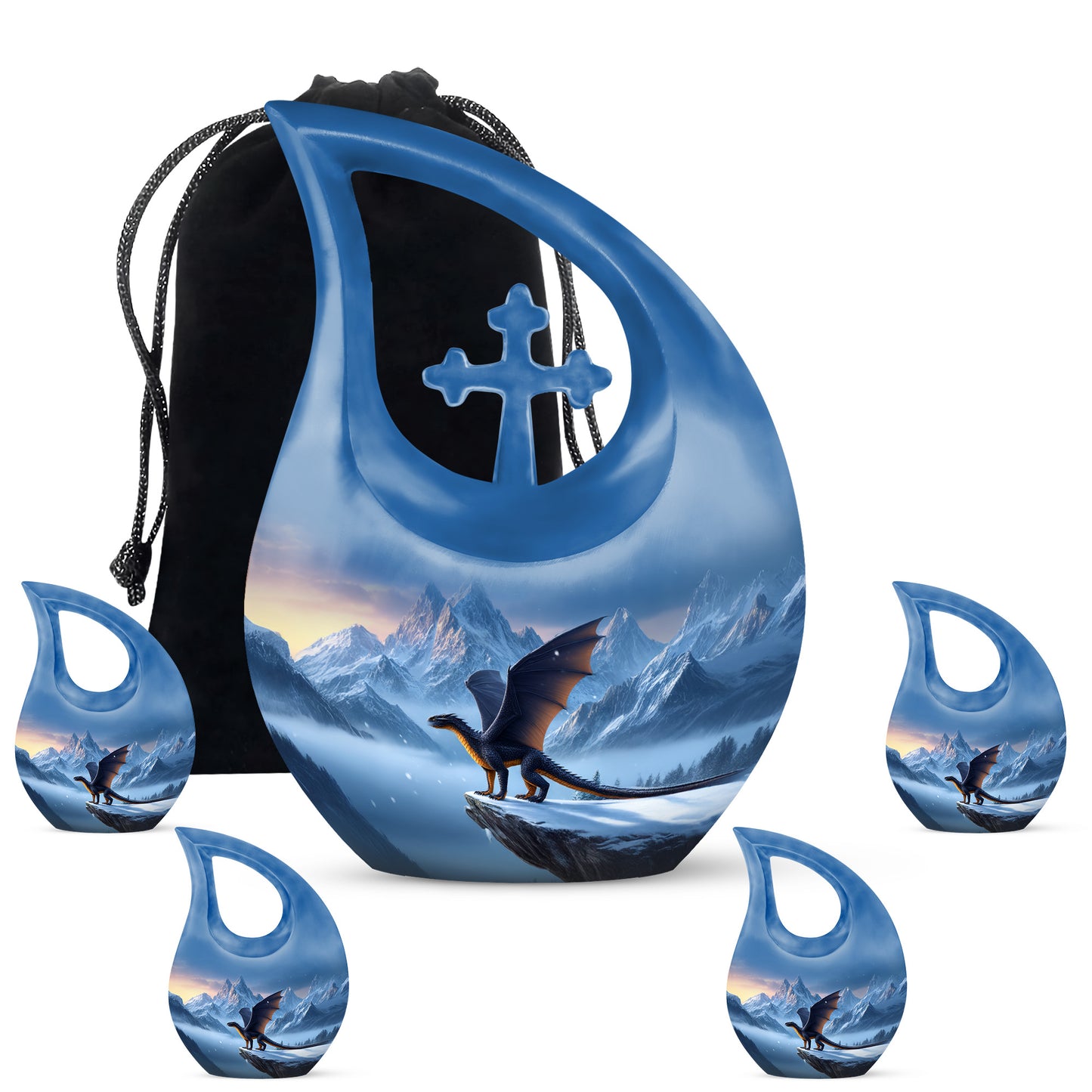 Navy Blue Dragon Cremation Urn urn with complimentary velvet bag - sacred cross merged with dragon motif on metal - memorial set with one large and four small urns