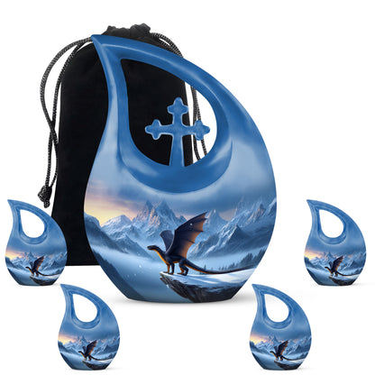 Navy Blue Dragon Cremation Urn urn with complimentary velvet bag - sacred cross merged with dragon motif on metal - memorial set with one large and four small urns