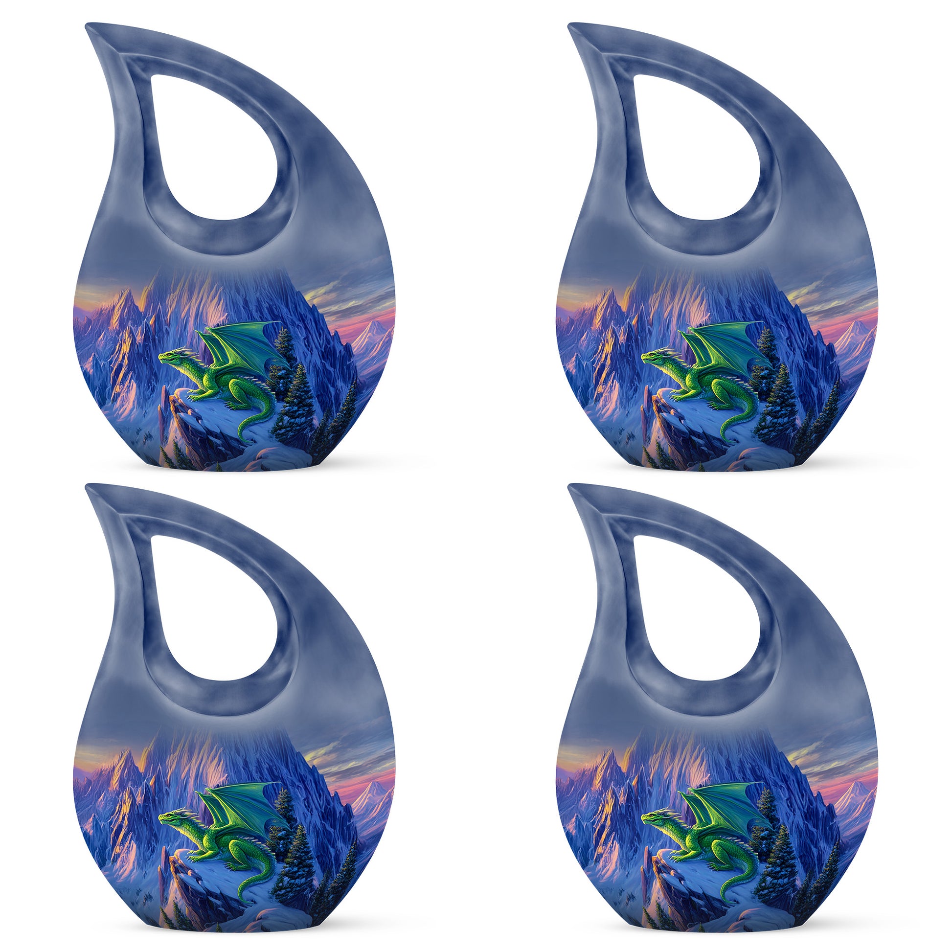 Sapphire Blue Dragon Cremation Urn lifestyle display on memorial shelf - faith-inspired cross-drop urn with dragon pattern - 10 inch aluminum urn for cremated remains