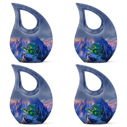 Sapphire Blue Dragon Cremation Urn lifestyle display on memorial shelf - faith-inspired cross-drop urn with dragon pattern - 10 inch aluminum urn for cremated remains