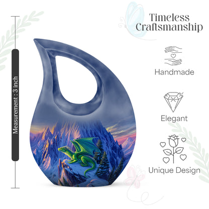 Serene Blue Dragon Cremation Urn back view with polished surface - devotional cross-drop dragon engraving - mini keepsake memorial for portion of cremation ashes
