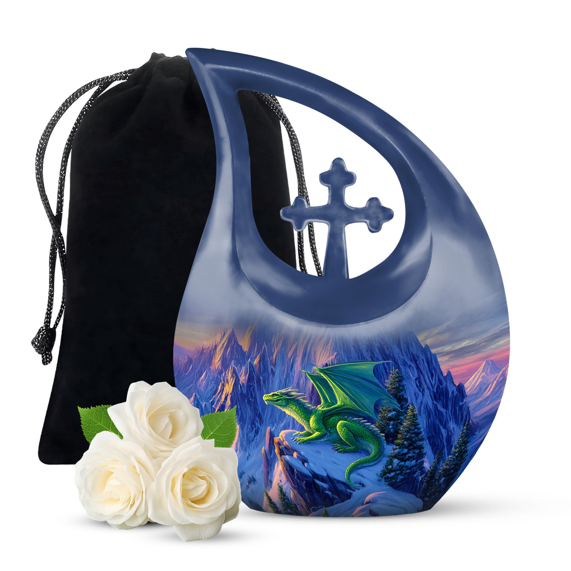 Vivid Blue Dragon Cremation Urn top-down view of secure threaded lid - devotional cross-drop dragon engraving - full-size 10 inch 200 cubic inch adult cremation urn