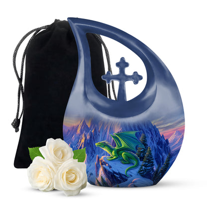 Vivid Blue Dragon Cremation Urn top-down view of secure threaded lid - devotional cross-drop dragon engraving - full-size 10 inch 200 cubic inch adult cremation urn