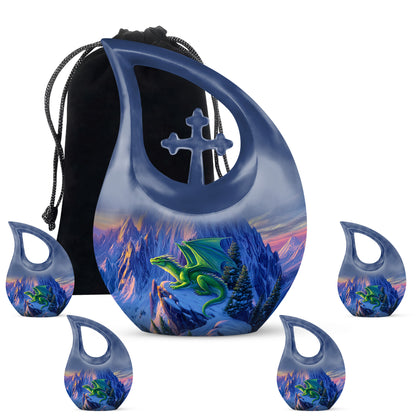 Sky Blue Dragon Cremation Urn urn with complimentary velvet bag - cross and dragon combined in spiritual memorial design - memorial set with one large and four small urns