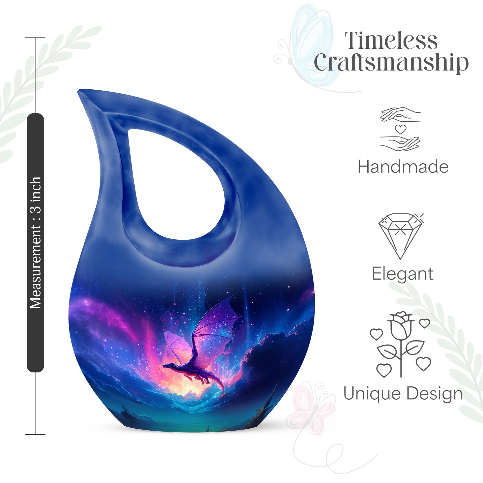 Calming Blue Dragon Cremation Urn back view with polished surface - devotional cross-drop dragon engraving - mini keepsake memorial for portion of cremation ashes