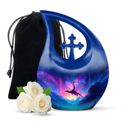 Slate Blue Dragon Cremation Urn top-down view of secure threaded lid - cross and dragon combined in spiritual memorial design - full-size 10 inch 200 cubic inch adult cremation urn