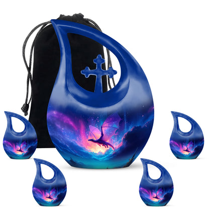 Powder Blue Dragon Cremation Urn urn with complimentary velvet bag - sacred cross merged with dragon motif on metal - memorial set with one large and four small urns