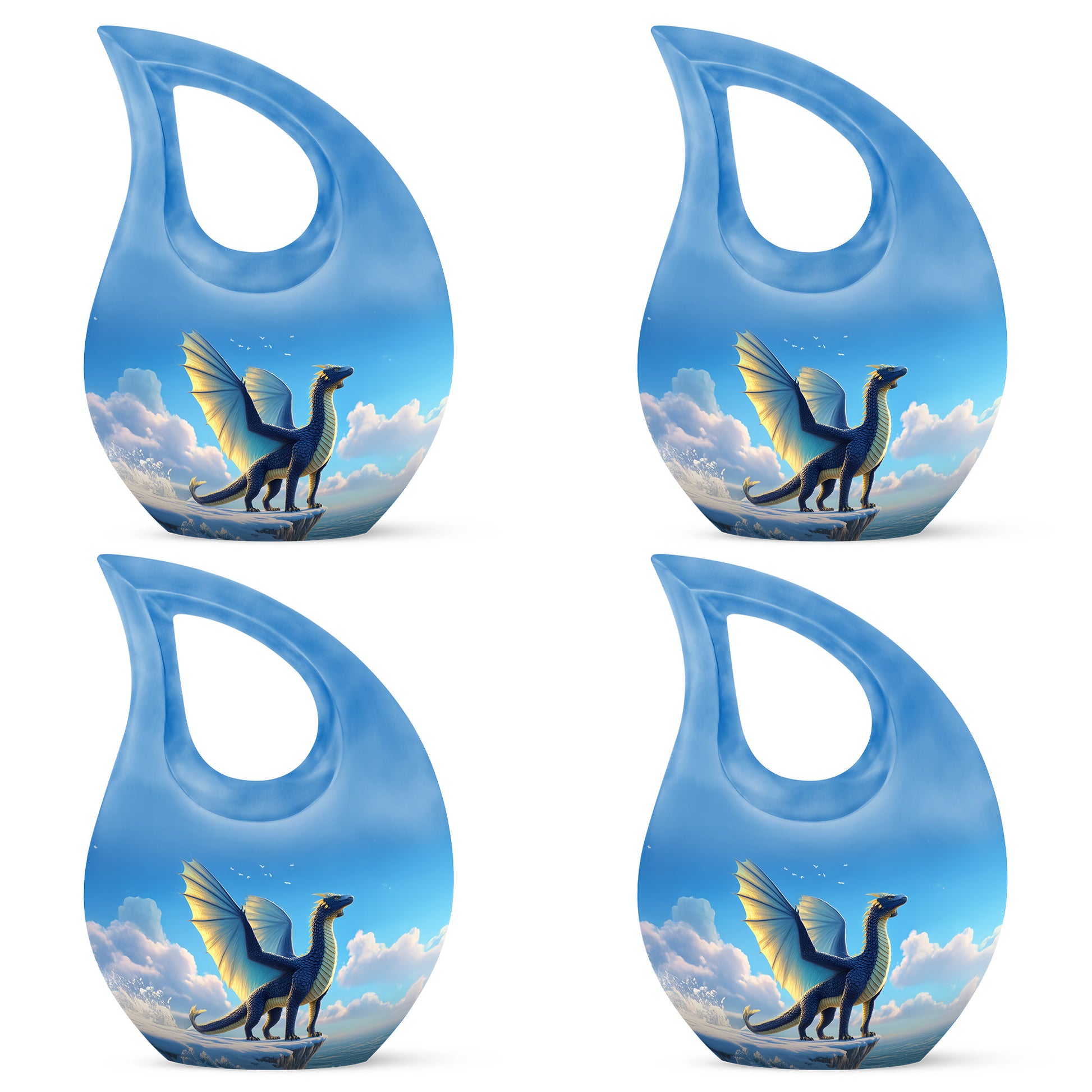 Serene Blue Dragon Cremation Urn lifestyle display on memorial shelf - devotional cross-drop dragon engraving - 10 inch aluminum urn for cremated remains