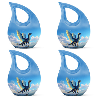 Serene Blue Dragon Cremation Urn lifestyle display on memorial shelf - devotional cross-drop dragon engraving - 10 inch aluminum urn for cremated remains